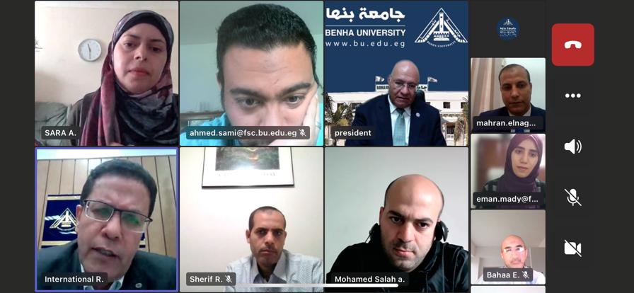 عبر تقنية مايكروسوفت تيمز :  رئيس جامعة بنها ونائب رئيس الجامعة للدراسات العليا والبحوث يعقدان لقاءً مع المبتعثين في الخارج