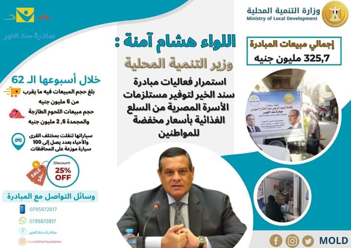 استمراراً لفعاليات مبادرة سند الخير.. وزير التنمية المحلية : 325,7 مليون جنيه حجم مبيعات المبادرة منذ انطلاقها وحتى الآن.. و٦ ملايين جنيه مبيعاتها في الأسبوع الـ 62